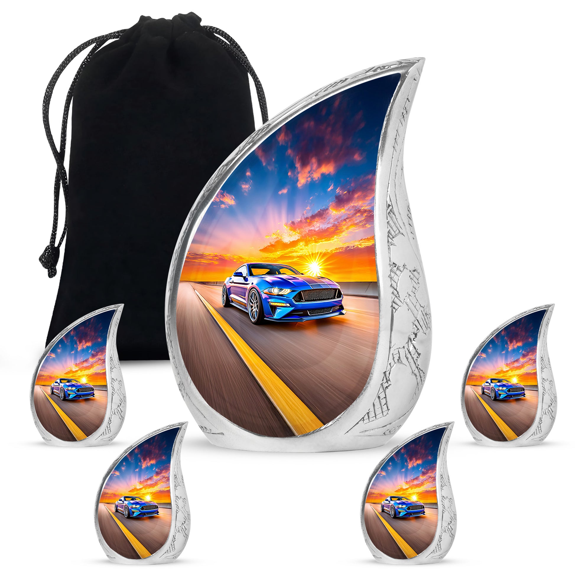Sky Blue Car Cremation Urn side profile showing urn shape - rounded teardrop car design with delicate detail - memorial set with one large and four small urns