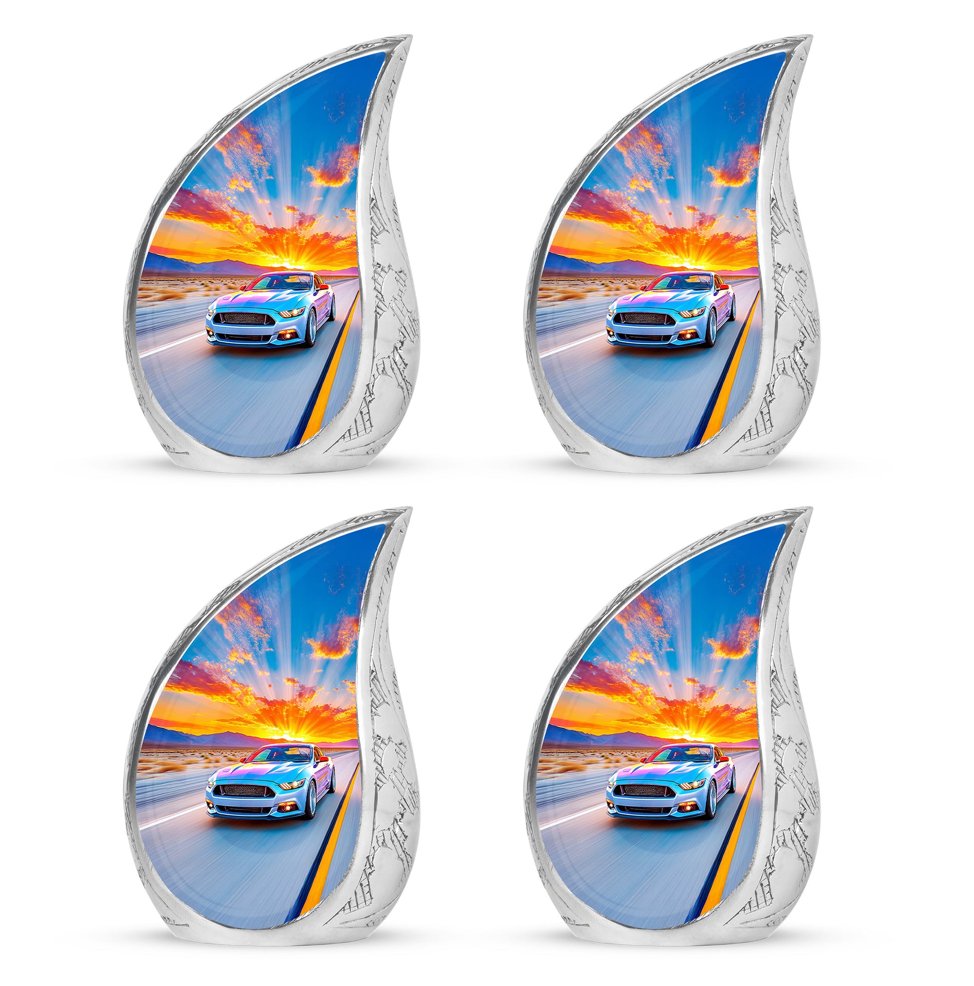 Dusty Blue Car Cremation Urn close-up of engraving and surface detail - flowing teardrop car silhouette on curved aluminum - 10 inch aluminum urn for cremated remains