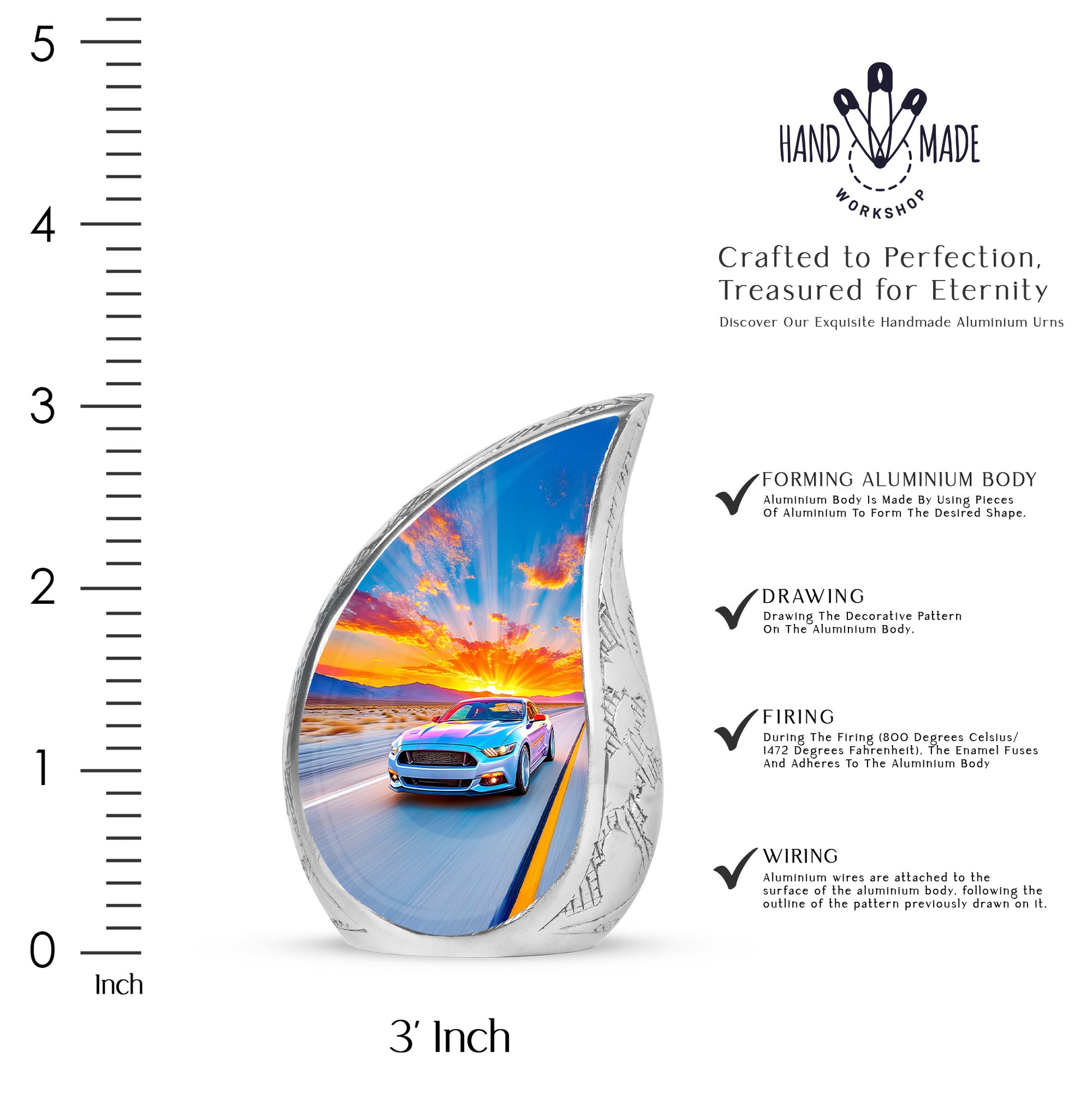 Azure Car Cremation Urn angled view of lid and engraved motif - flowing teardrop car silhouette on curved aluminum - mini keepsake memorial for portion of cremation ashes