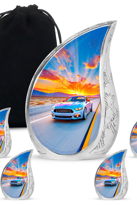 Soft Blue Car Cremation Urn side profile showing urn shape - smooth teardrop contour featuring car art - memorial set with one large and four small urns