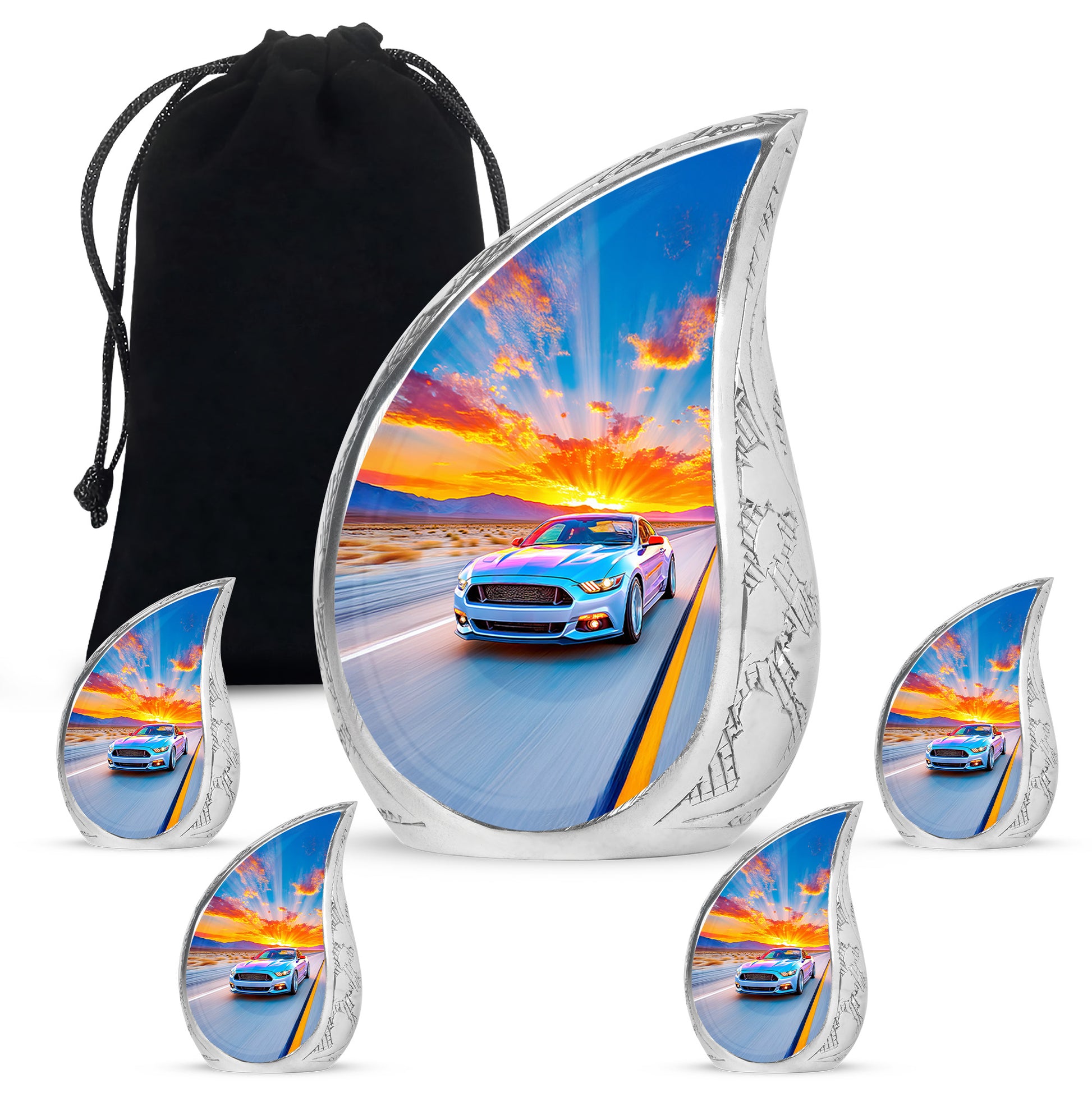 Soft Blue Car Cremation Urn side profile showing urn shape - smooth teardrop contour featuring car art - memorial set with one large and four small urns