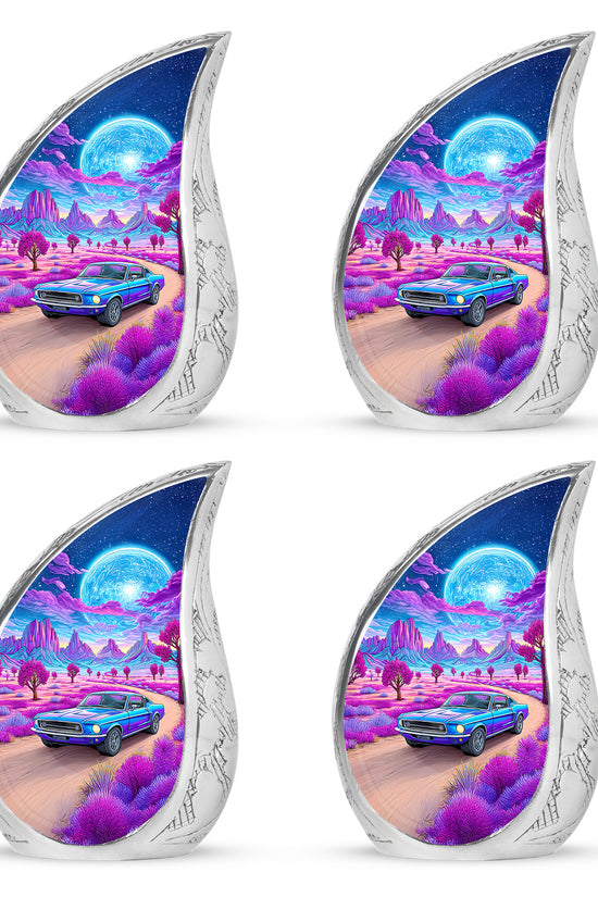 Cobalt Blue Car Cremation Urn close-up of engraving and surface detail - smooth teardrop contour featuring car art - 10 inch aluminum urn for cremated remains