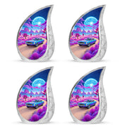 Cobalt Blue Car Cremation Urn close-up of engraving and surface detail - smooth teardrop contour featuring car art - 10 inch aluminum urn for cremated remains