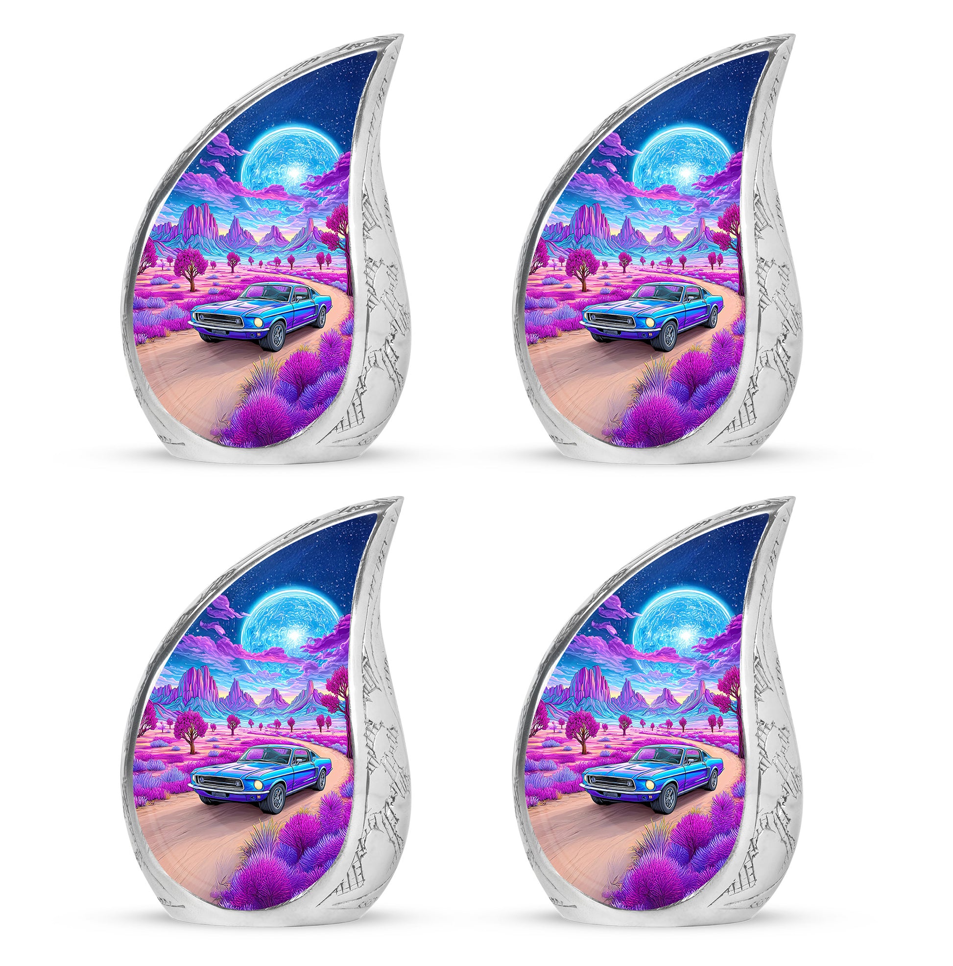 Cobalt Blue Car Cremation Urn close-up of engraving and surface detail - smooth teardrop contour featuring car art - 10 inch aluminum urn for cremated remains