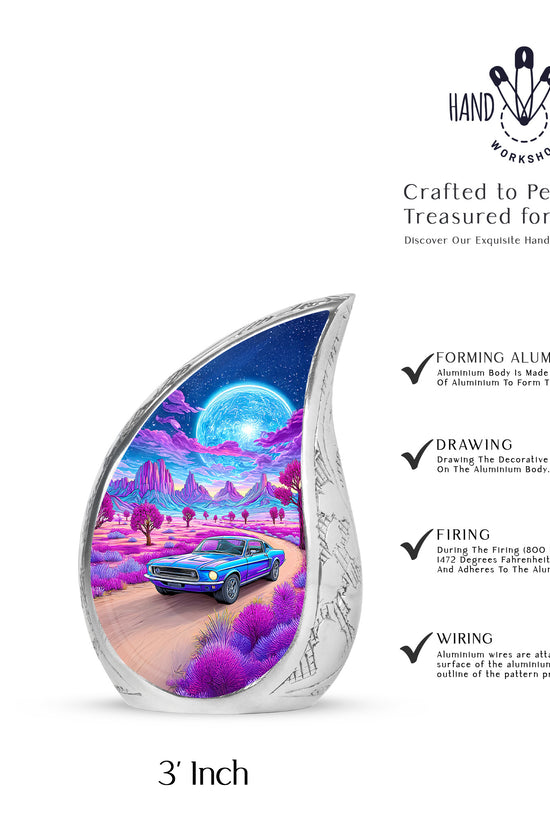 Icy Blue Car Cremation Urn angled view of lid and engraved motif - rounded teardrop car design with delicate detail - mini keepsake memorial for portion of cremation ashes