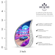 Icy Blue Car Cremation Urn angled view of lid and engraved motif - rounded teardrop car design with delicate detail - mini keepsake memorial for portion of cremation ashes