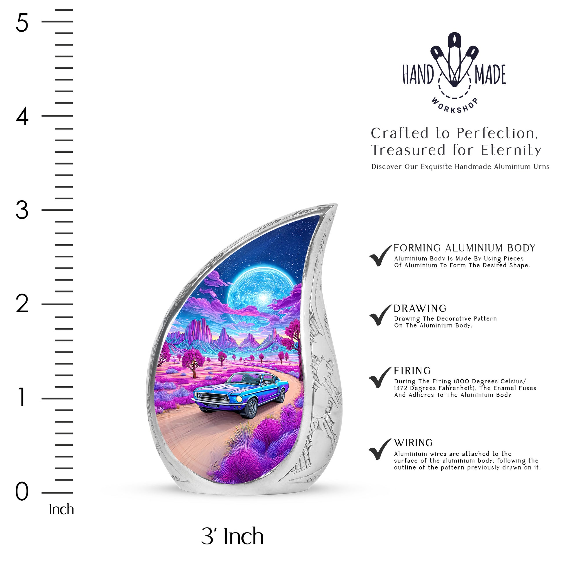 Icy Blue Car Cremation Urn angled view of lid and engraved motif - rounded teardrop car design with delicate detail - mini keepsake memorial for portion of cremation ashes