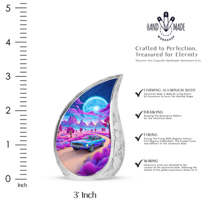 Icy Blue Car Cremation Urn angled view of lid and engraved motif - rounded teardrop car design with delicate detail - mini keepsake memorial for portion of cremation ashes