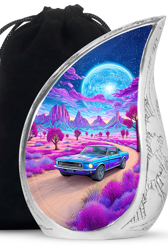 Icy Blue Car Cremation Urn front view showing detailed design - rounded teardrop car design with delicate detail - full-size 10 inch 200 cubic inch adult cremation urn