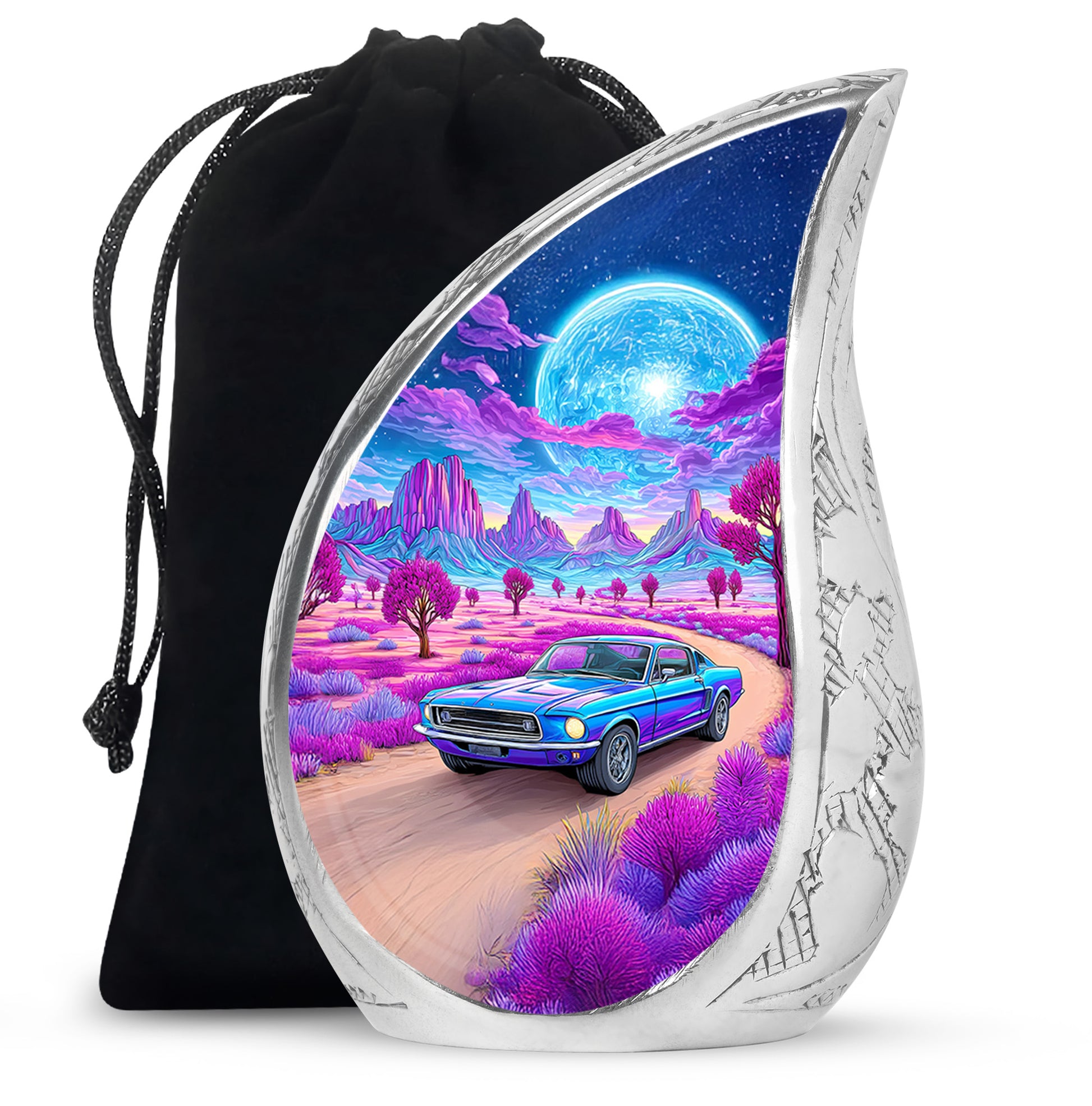 Icy Blue Car Cremation Urn front view showing detailed design - rounded teardrop car design with delicate detail - full-size 10 inch 200 cubic inch adult cremation urn
