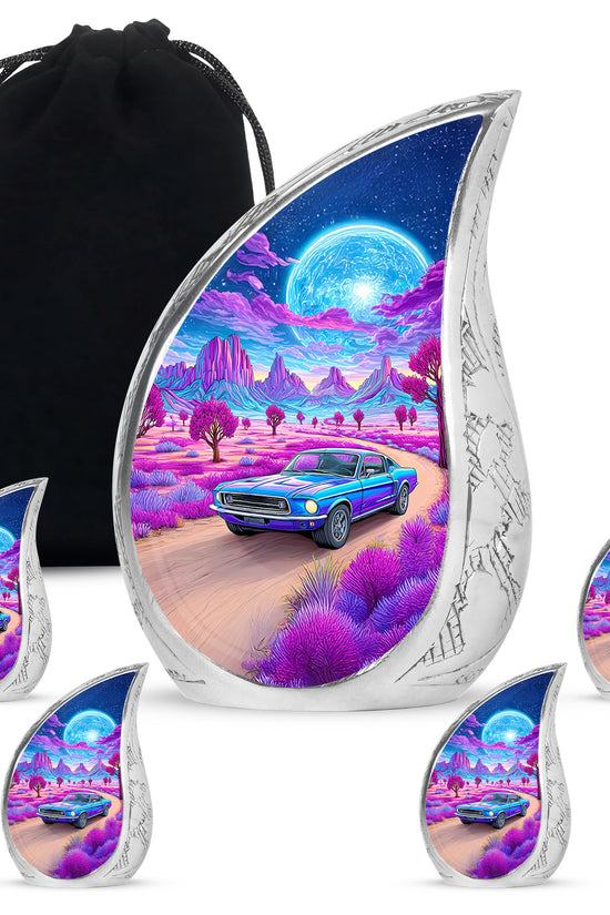 Misty Blue Car Cremation Urn side profile showing urn shape - rounded teardrop car design with delicate detail - memorial set with one large and four small urns