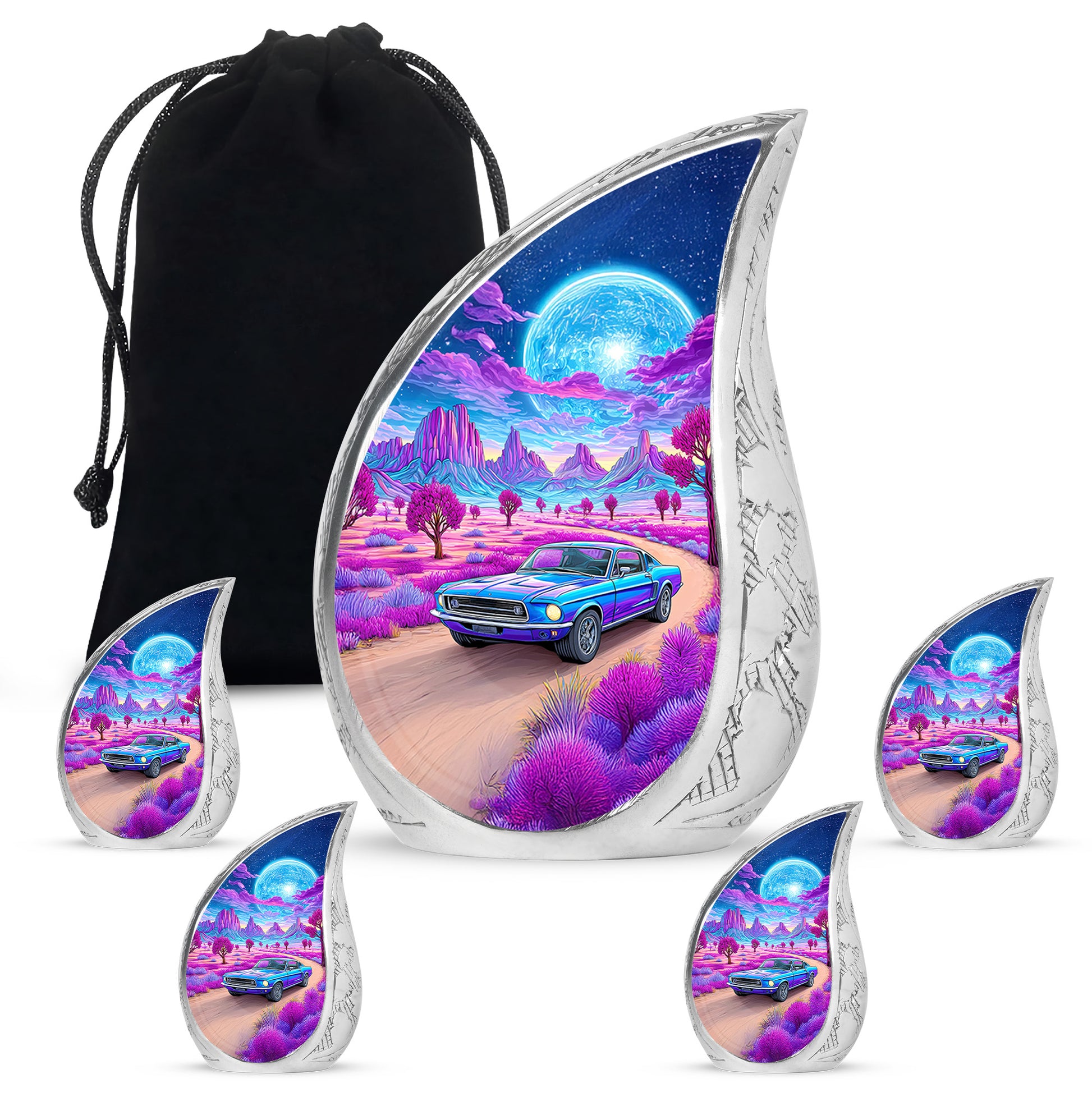 Misty Blue Car Cremation Urn side profile showing urn shape - rounded teardrop car design with delicate detail - memorial set with one large and four small urns