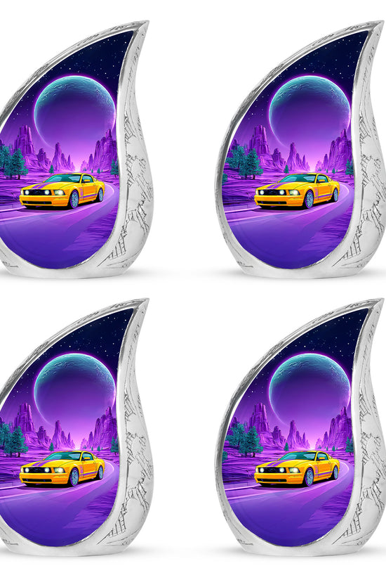 Celestial Blue Car Cremation Urn close-up of engraving and surface detail - rounded teardrop car design with delicate detail - 10 inch aluminum urn for cremated remains