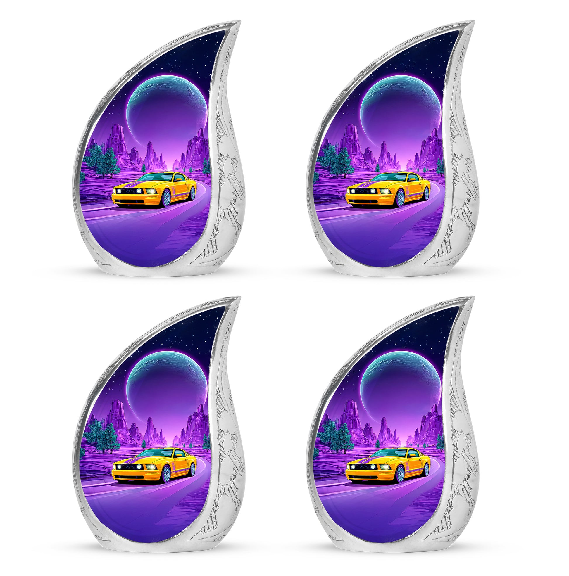Celestial Blue Car Cremation Urn close-up of engraving and surface detail - rounded teardrop car design with delicate detail - 10 inch aluminum urn for cremated remains