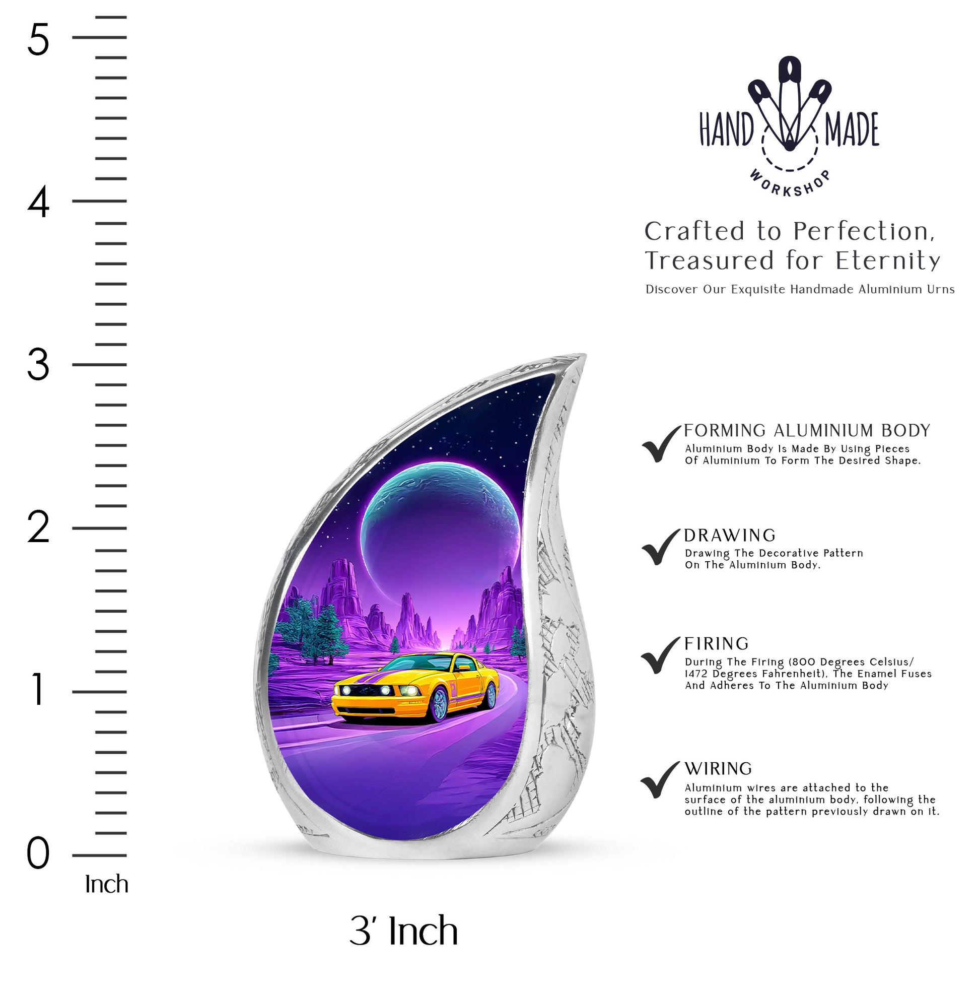 Calming Blue Car Cremation Urn angled view of lid and engraved motif - graceful tear-shaped urn with car motif - mini keepsake memorial for portion of cremation ashes