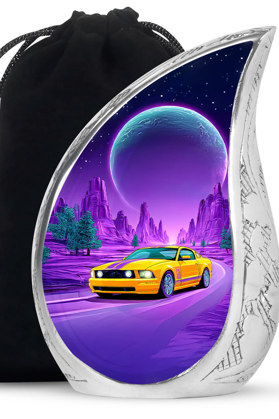 Dusty Blue Car Cremation Urn front view showing detailed design - flowing teardrop car silhouette on curved aluminum - full-size 10 inch 200 cubic inch adult cremation urn