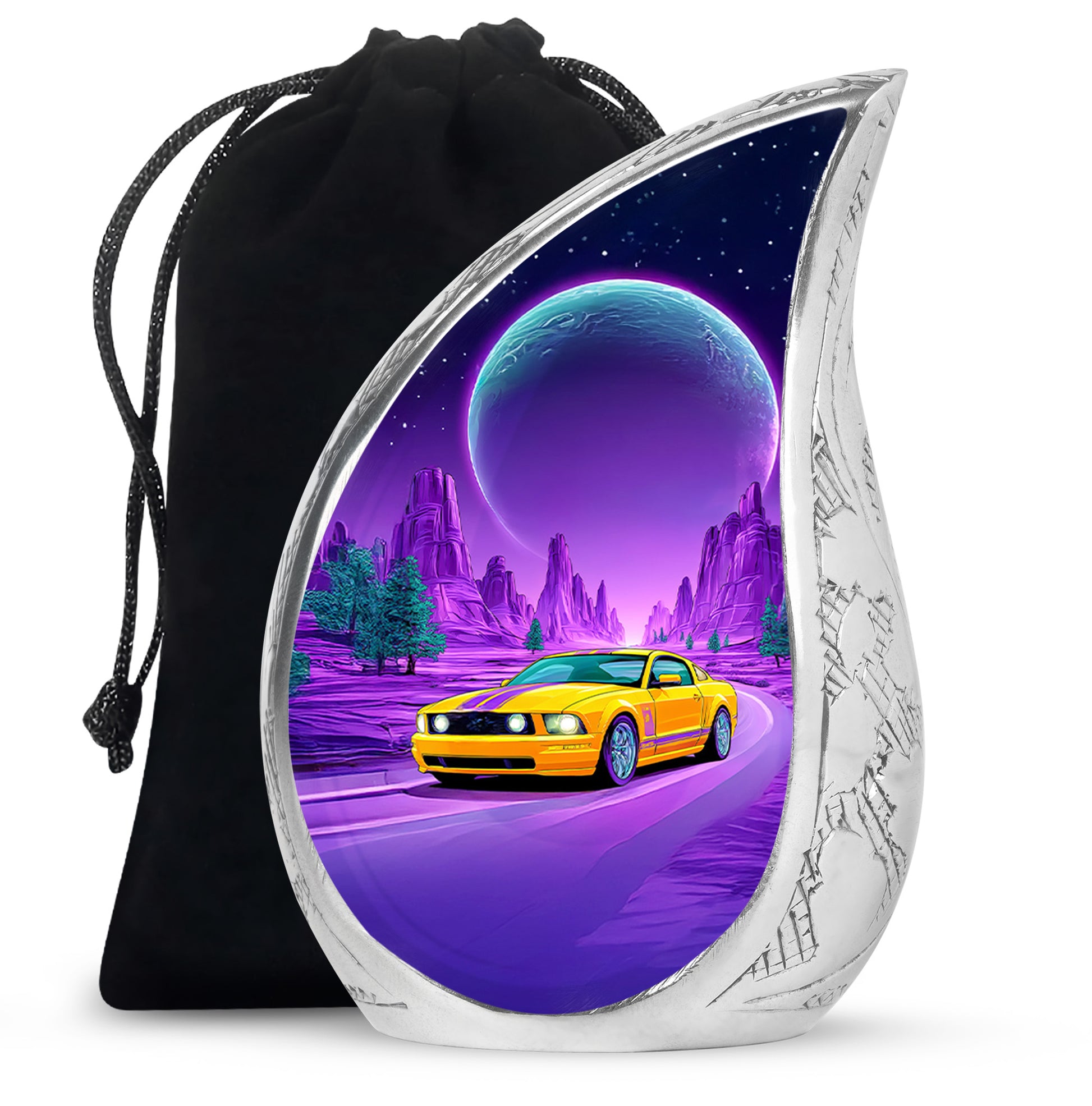 Dusty Blue Car Cremation Urn front view showing detailed design - flowing teardrop car silhouette on curved aluminum - full-size 10 inch 200 cubic inch adult cremation urn