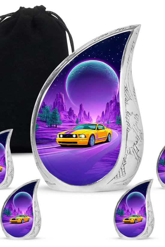Sky Blue Car Cremation Urn side profile showing urn shape - rounded teardrop car design with delicate detail - memorial set with one large and four small urns