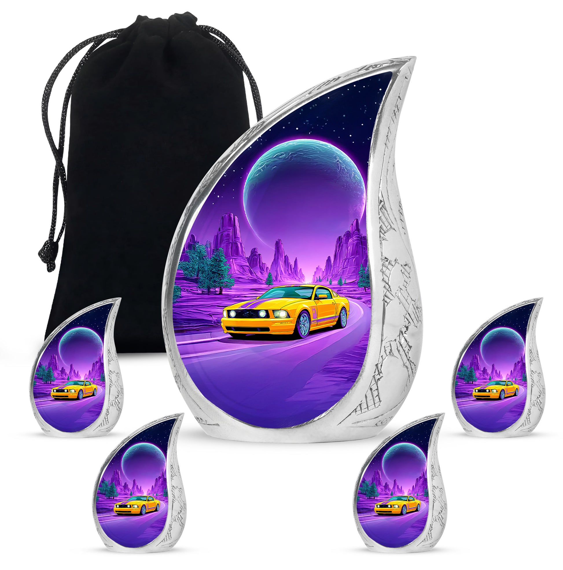 Sky Blue Car Cremation Urn side profile showing urn shape - rounded teardrop car design with delicate detail - memorial set with one large and four small urns