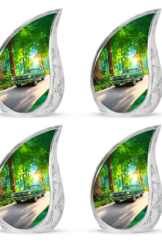 Hunter Green Car Cremation Urn close-up of engraving and surface detail - graceful tear-shaped urn with car motif - 10 inch aluminum urn for cremated remains