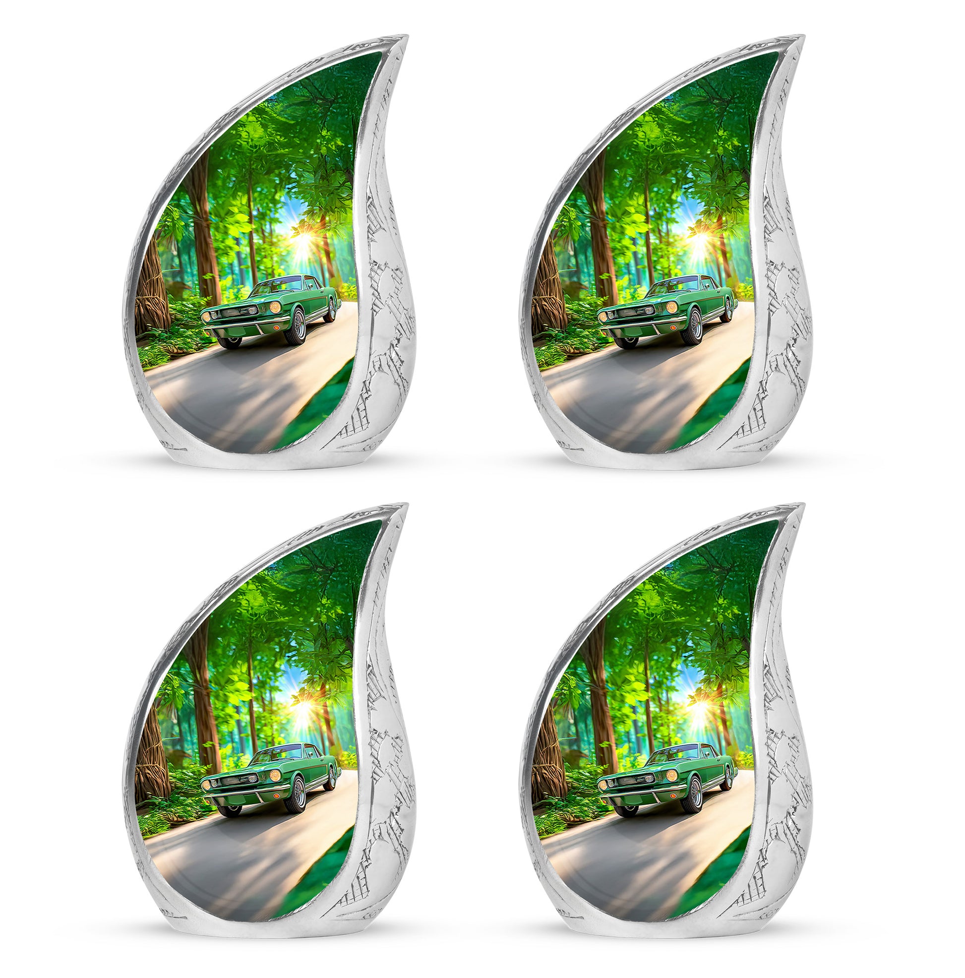 Hunter Green Car Cremation Urn close-up of engraving and surface detail - graceful tear-shaped urn with car motif - 10 inch aluminum urn for cremated remains