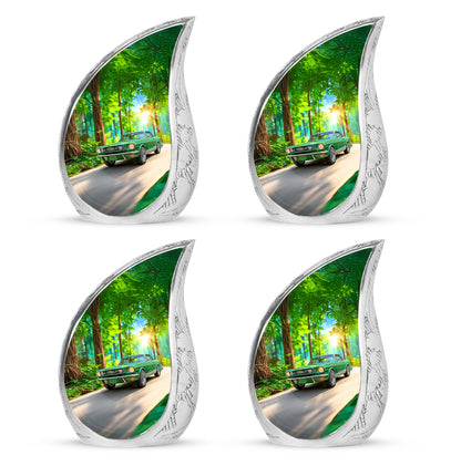 Hunter Green Car Cremation Urn close-up of engraving and surface detail - graceful tear-shaped urn with car motif - 10 inch aluminum urn for cremated remains