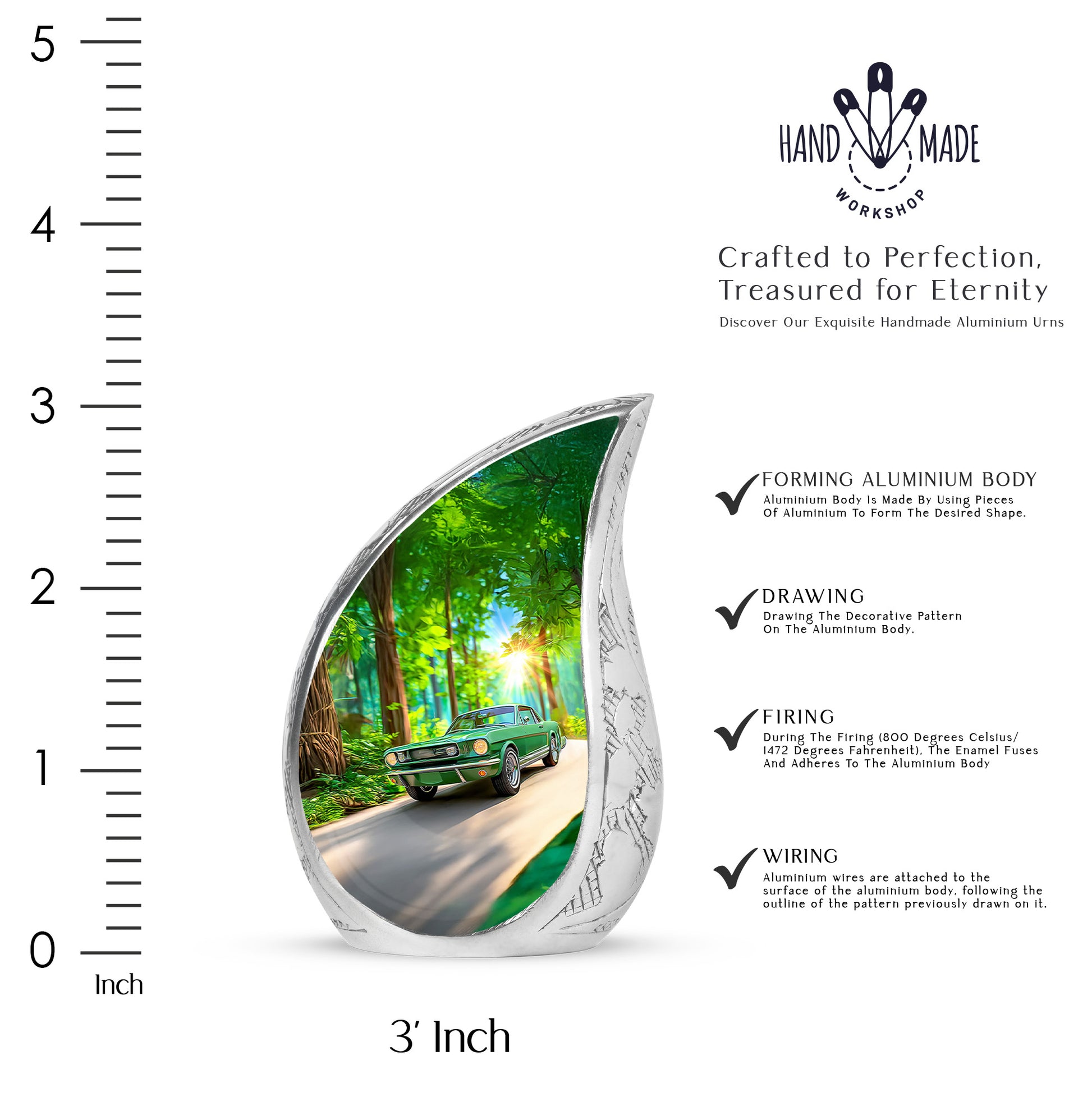 Hunter Green Car Cremation Urn angled view of lid and engraved motif - graceful tear-shaped urn with car motif - mini keepsake memorial for portion of cremation ashes