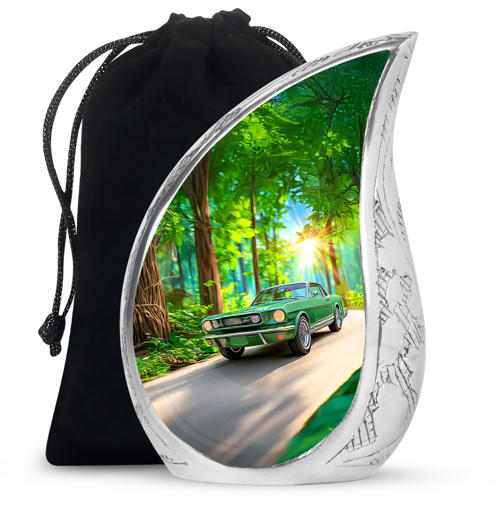 Moss Green Car Cremation Urn front view showing detailed design - flowing teardrop car silhouette on curved aluminum - full-size 10 inch 200 cubic inch adult cremation urn