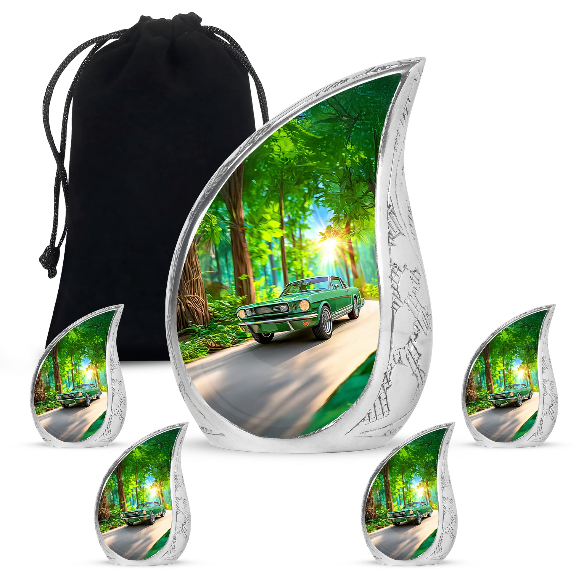Jade Green Car Cremation Urn side profile showing urn shape - flowing teardrop car silhouette on curved aluminum - memorial set with one large and four small urns