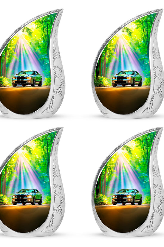 Aqua Teal Car Cremation Urn close-up of engraving and surface detail - graceful tear-shaped urn with car motif - 10 inch aluminum urn for cremated remains