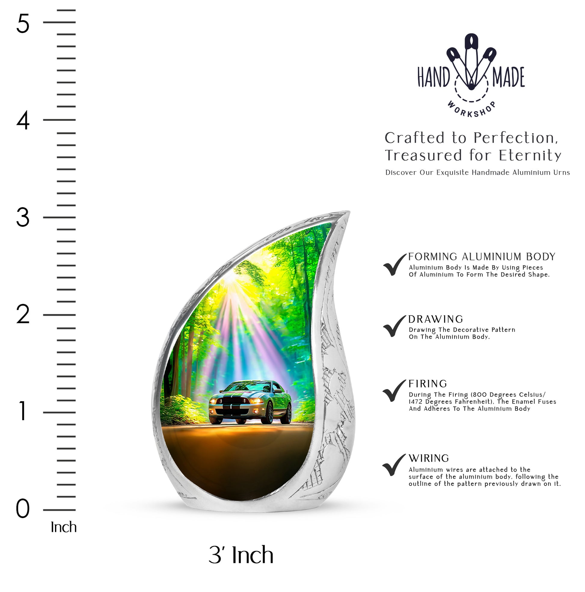 Deep Teal Car Cremation Urn angled view of lid and engraved motif - smooth teardrop contour featuring car art - mini keepsake memorial for portion of cremation ashes
