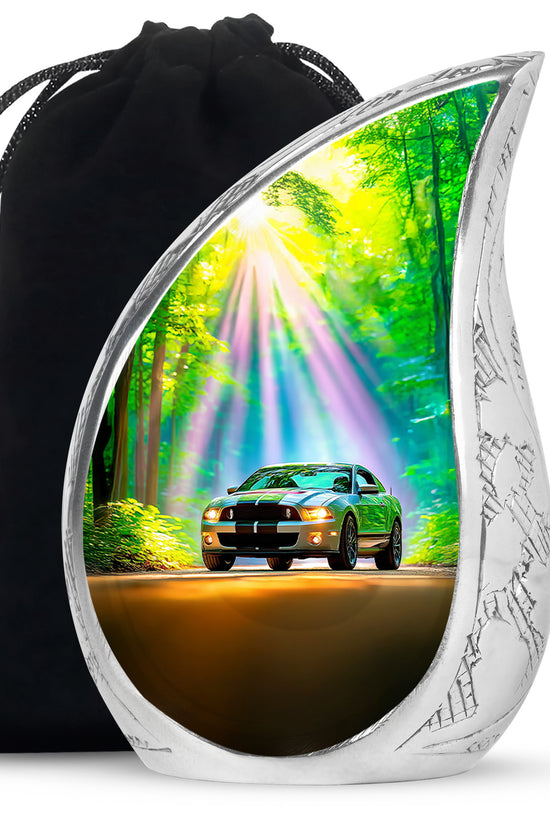 Tropical Teal Car Cremation Urn front view showing detailed design - graceful tear-shaped urn with car motif - full-size 10 inch 200 cubic inch adult cremation urn