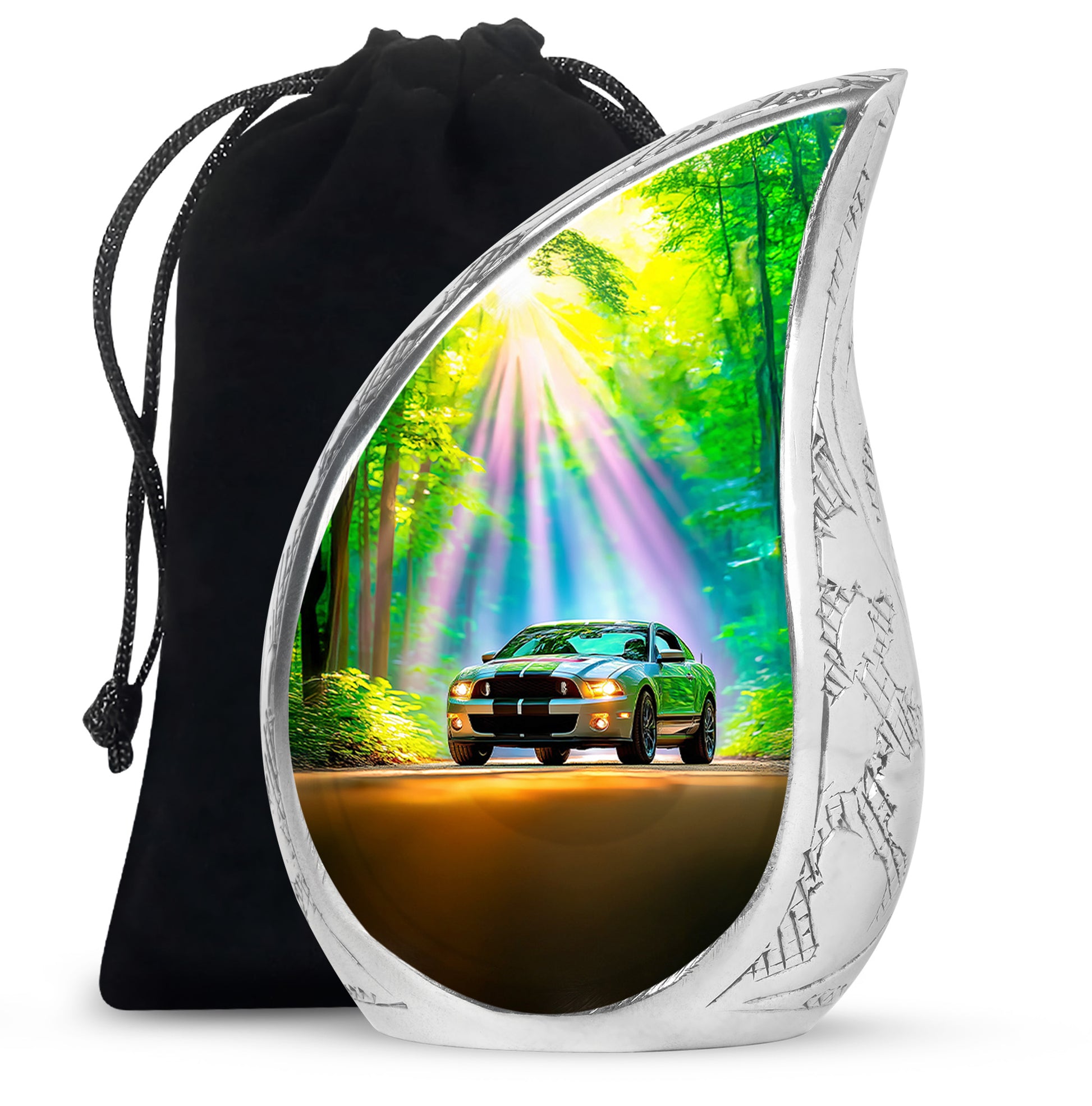 Tropical Teal Car Cremation Urn front view showing detailed design - graceful tear-shaped urn with car motif - full-size 10 inch 200 cubic inch adult cremation urn