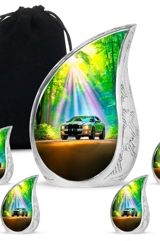 Deep Teal Car Cremation Urn side profile showing urn shape - graceful tear-shaped urn with car motif - memorial set with one large and four small urns