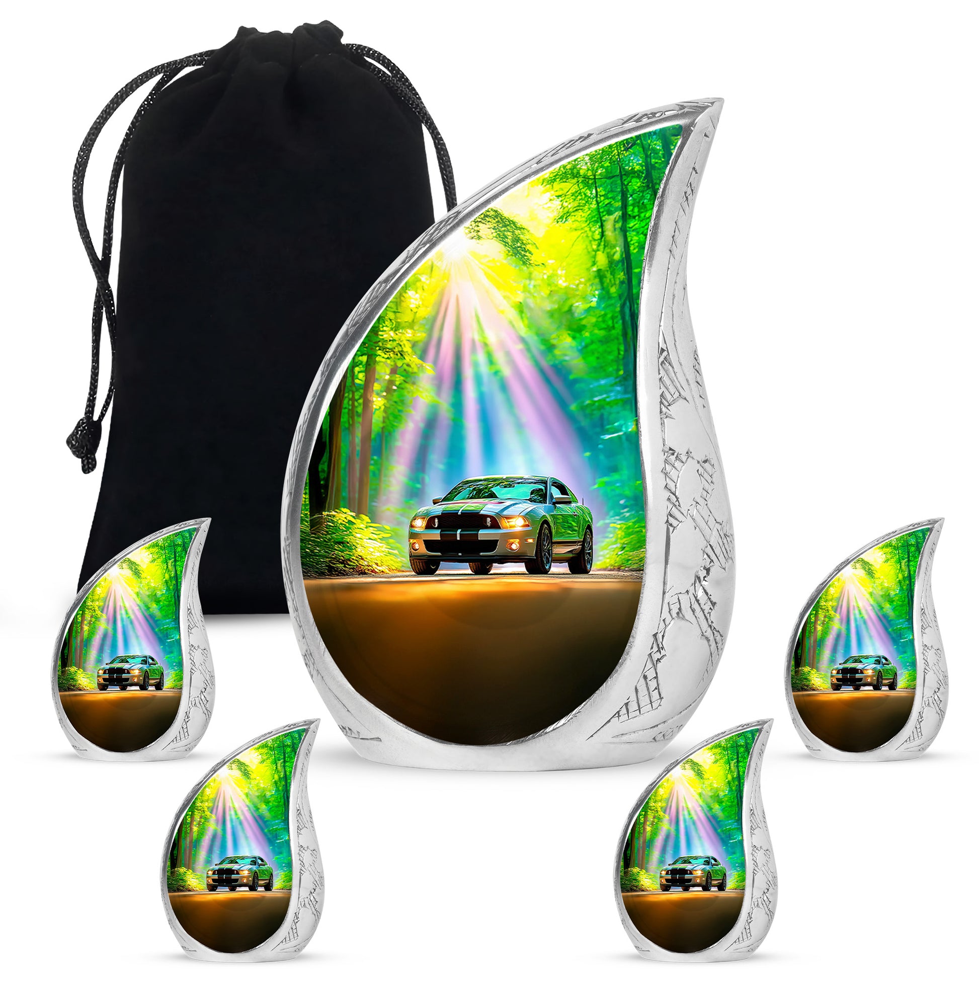 Deep Teal Car Cremation Urn side profile showing urn shape - graceful tear-shaped urn with car motif - memorial set with one large and four small urns