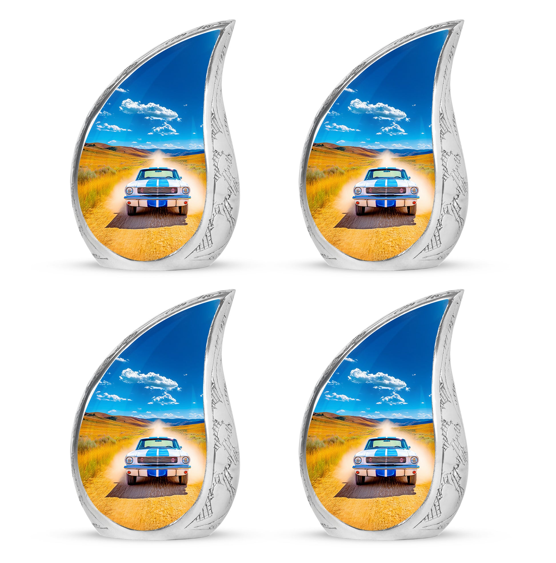 Dusty Blue Car Cremation Urn close-up of engraving and surface detail - flowing teardrop car silhouette on curved aluminum - 10 inch aluminum urn for cremated remains
