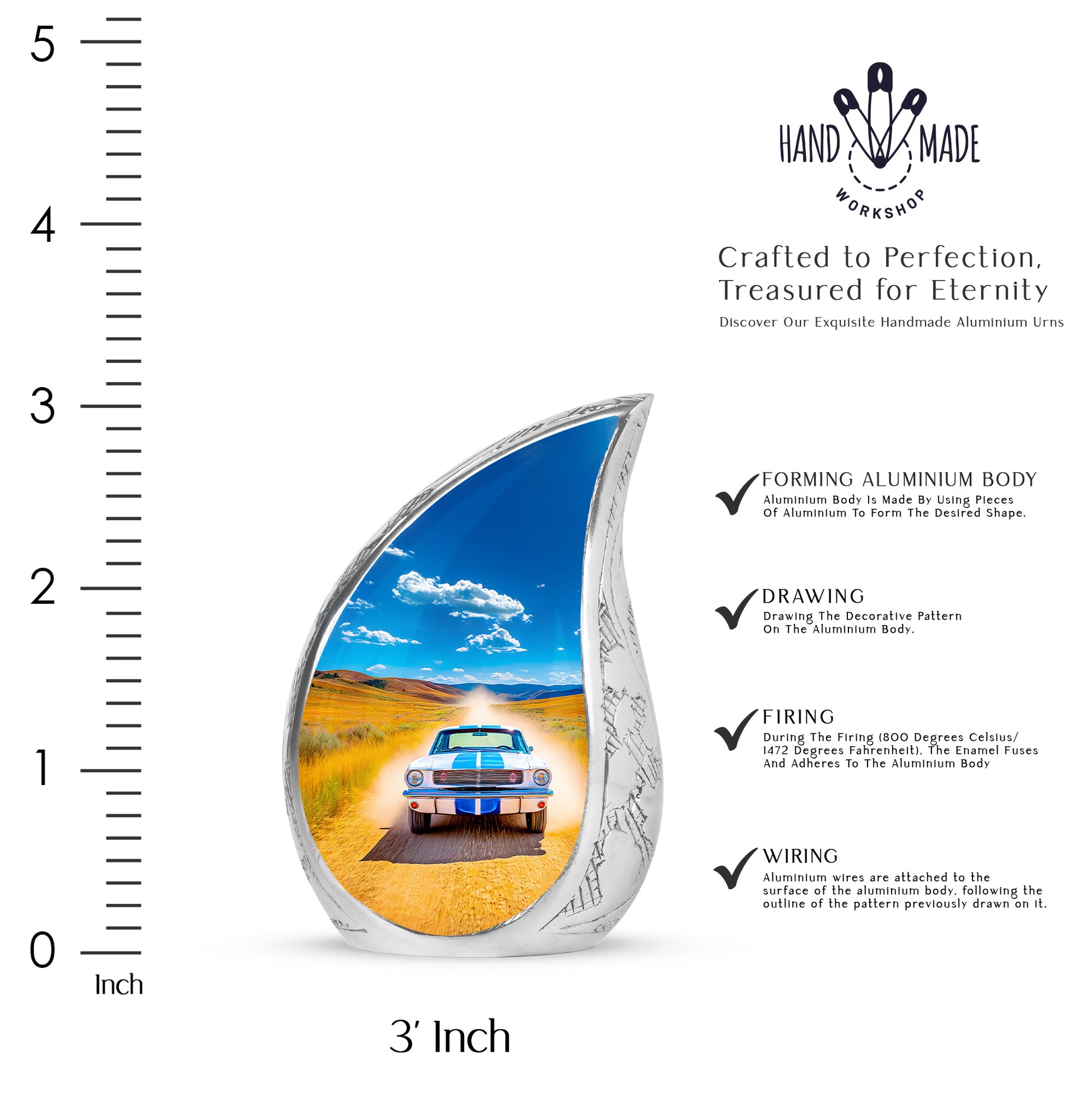 Royal Blue Car Cremation Urn angled view of lid and engraved motif - smooth teardrop contour featuring car art - mini keepsake memorial for portion of cremation ashes