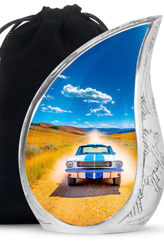Calming Blue Car Cremation Urn front view showing detailed design - smooth teardrop contour featuring car art - full-size 10 inch 200 cubic inch adult cremation urn