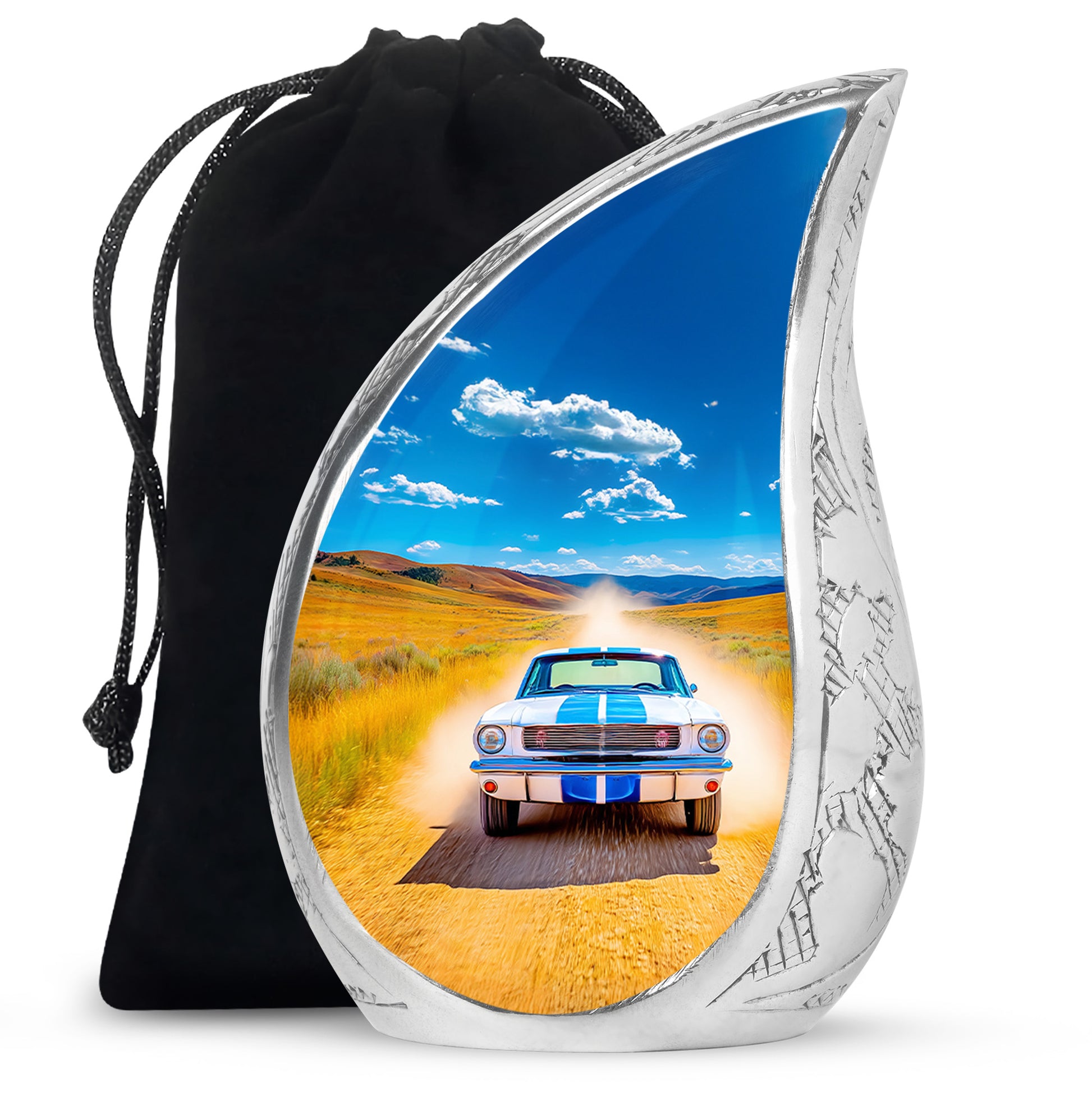Calming Blue Car Cremation Urn front view showing detailed design - smooth teardrop contour featuring car art - full-size 10 inch 200 cubic inch adult cremation urn