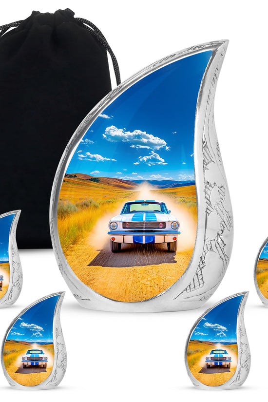 Cornflower Blue Car Cremation Urn side profile showing urn shape - graceful tear-shaped urn with car motif - memorial set with one large and four small urns