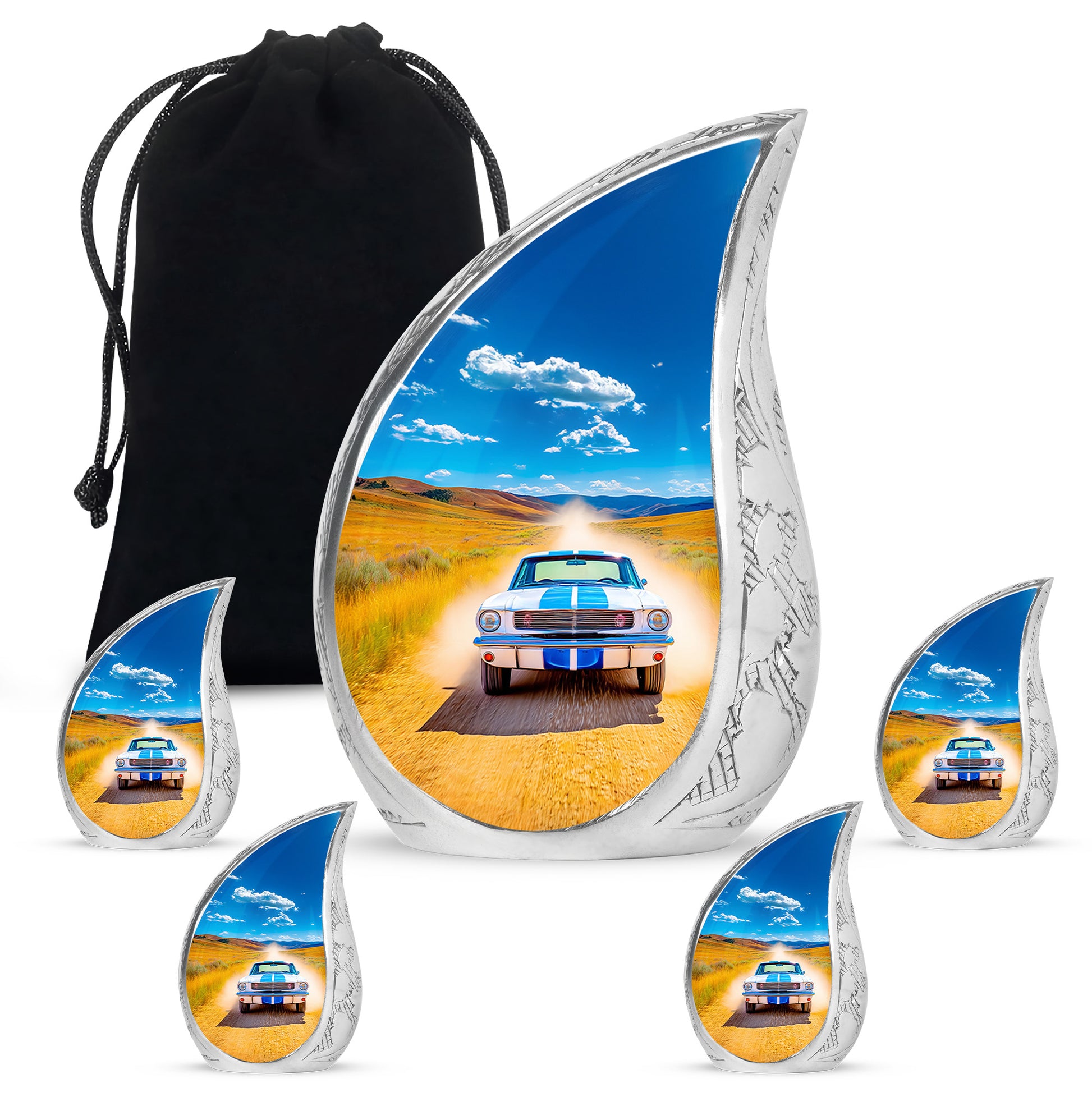 Cornflower Blue Car Cremation Urn side profile showing urn shape - graceful tear-shaped urn with car motif - memorial set with one large and four small urns