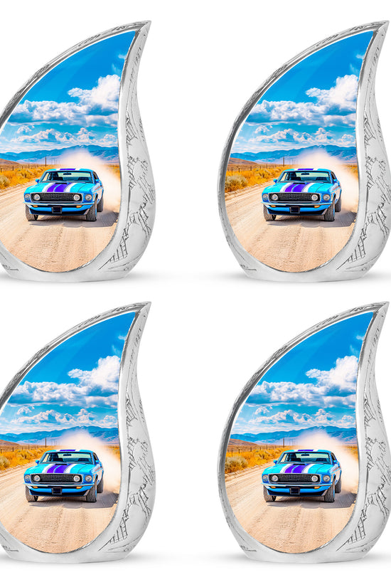 Vivid Blue Car Cremation Urn close-up of engraving and surface detail - graceful tear-shaped urn with car motif - 10 inch aluminum urn for cremated remains