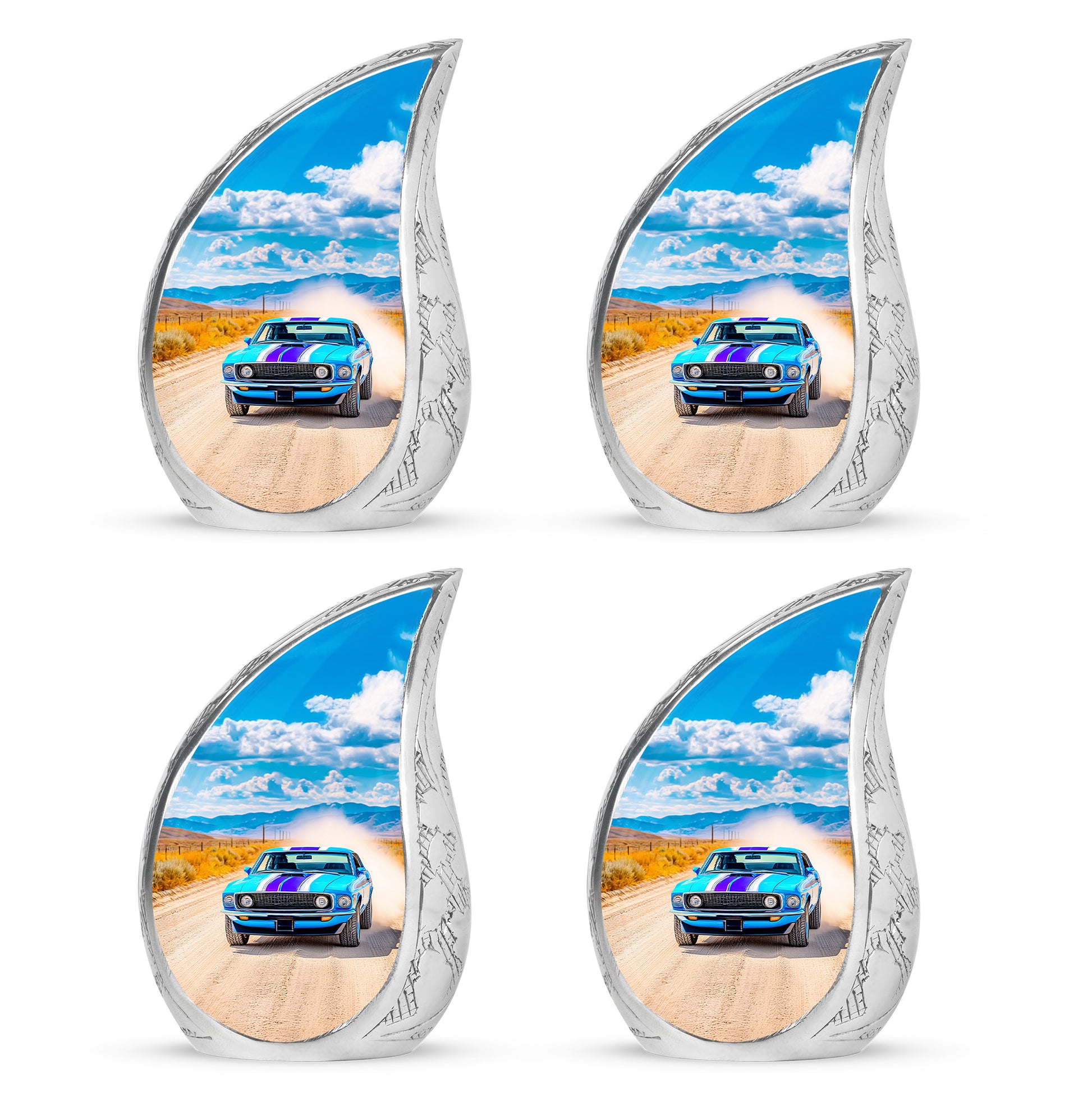 Vivid Blue Car Cremation Urn close-up of engraving and surface detail - graceful tear-shaped urn with car motif - 10 inch aluminum urn for cremated remains