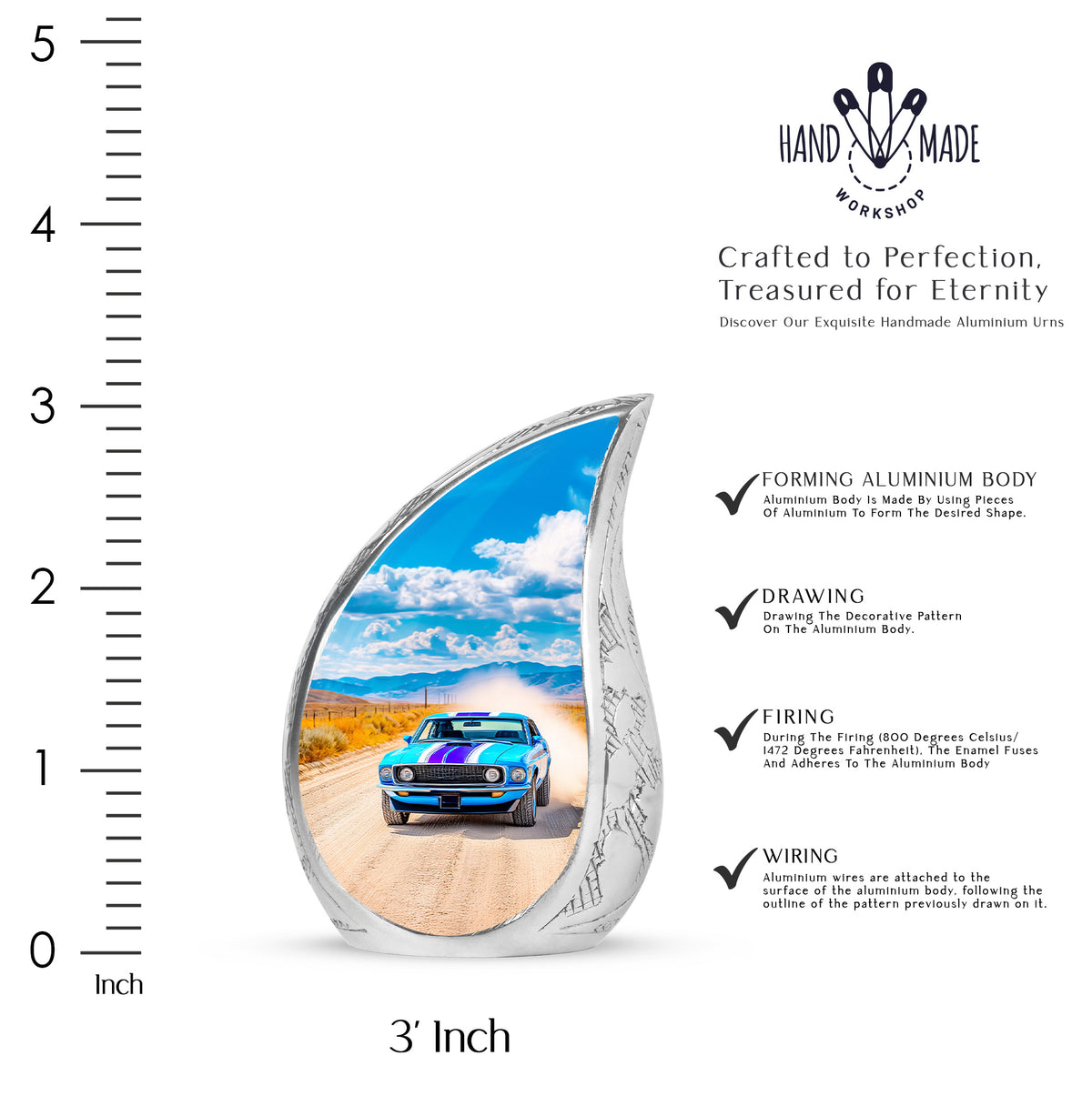 Cornflower Blue Car Cremation Urn angled view of lid and engraved motif - smooth teardrop contour featuring car art - mini keepsake memorial for portion of cremation ashes