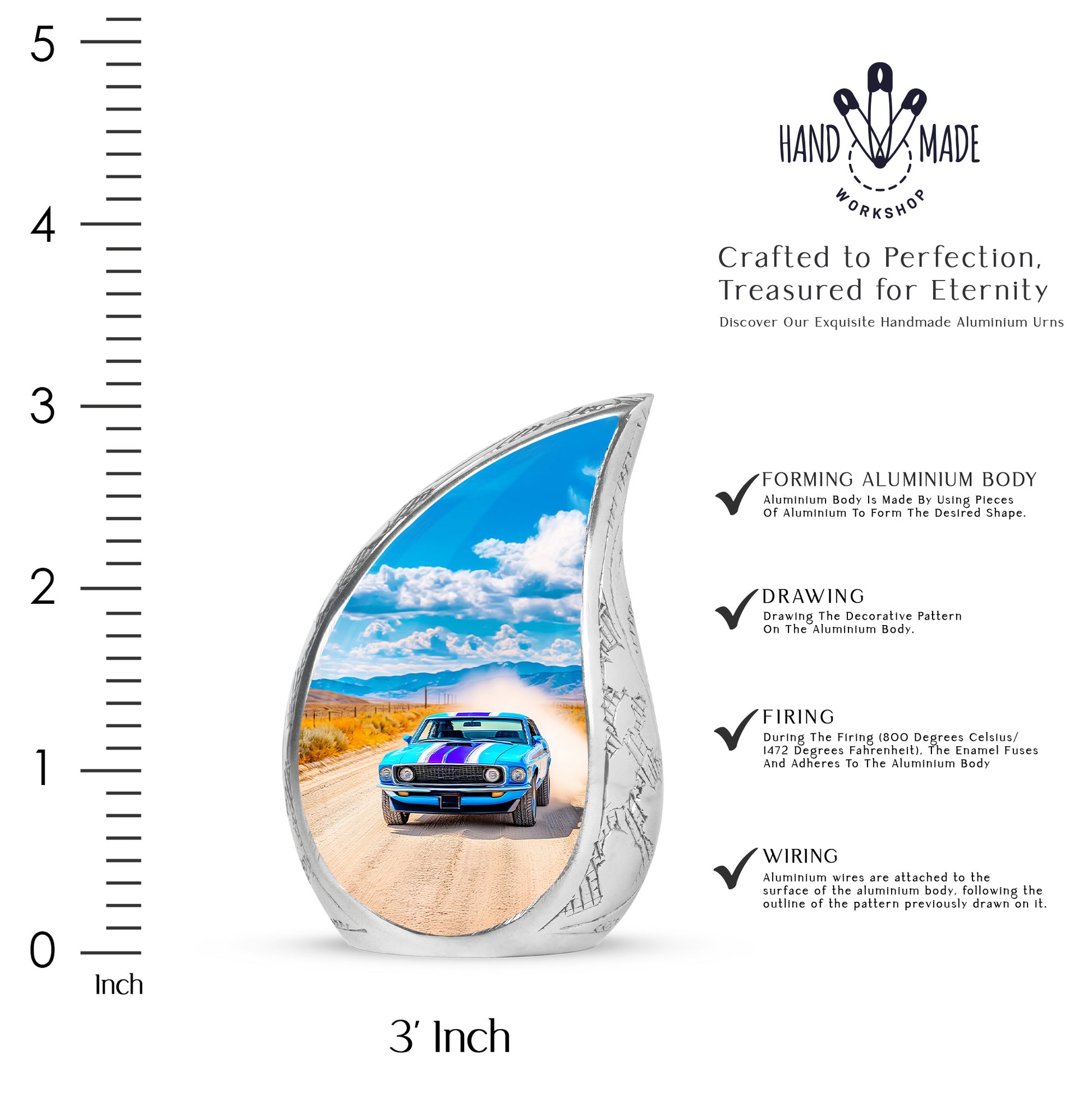 Cornflower Blue Car Cremation Urn angled view of lid and engraved motif - smooth teardrop contour featuring car art - mini keepsake memorial for portion of cremation ashes