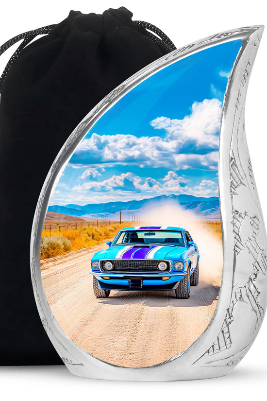 Vivid Blue Car Cremation Urn front view showing detailed design - smooth teardrop contour featuring car art - full-size 10 inch 200 cubic inch adult cremation urn