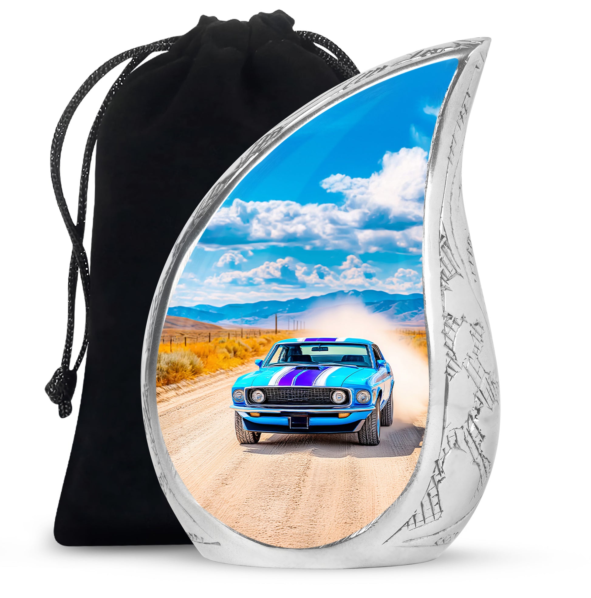 Vivid Blue Car Cremation Urn front view showing detailed design - smooth teardrop contour featuring car art - full-size 10 inch 200 cubic inch adult cremation urn