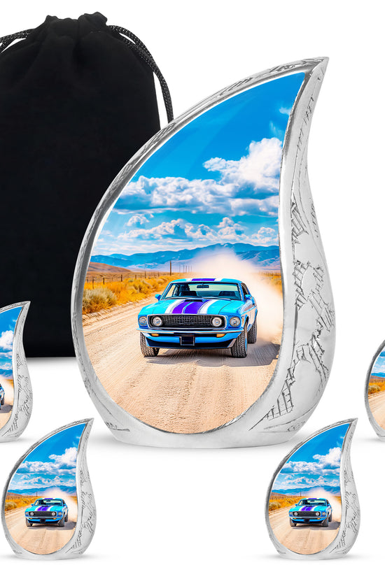 Calming Blue Car Cremation Urn side profile showing urn shape - smooth teardrop contour featuring car art - memorial set with one large and four small urns