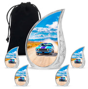Calming Blue Car Cremation Urn side profile showing urn shape - smooth teardrop contour featuring car art - memorial set with one large and four small urns