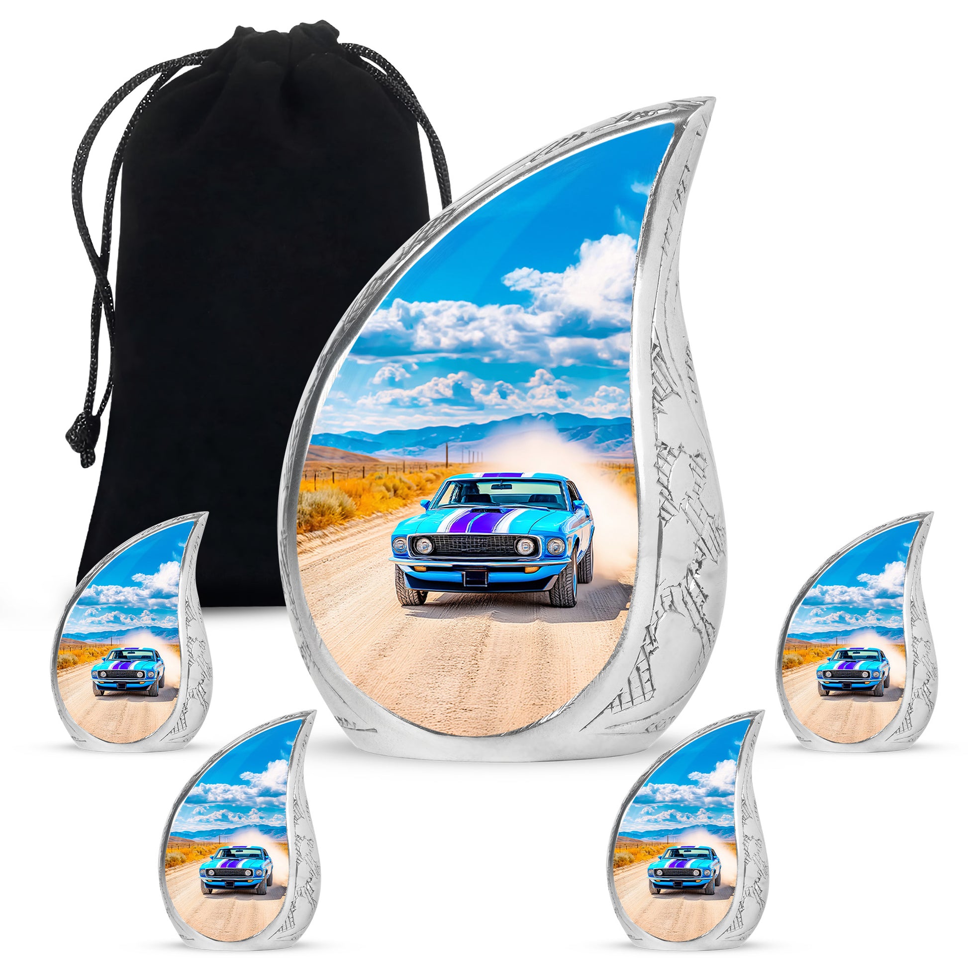 Calming Blue Car Cremation Urn side profile showing urn shape - smooth teardrop contour featuring car art - memorial set with one large and four small urns